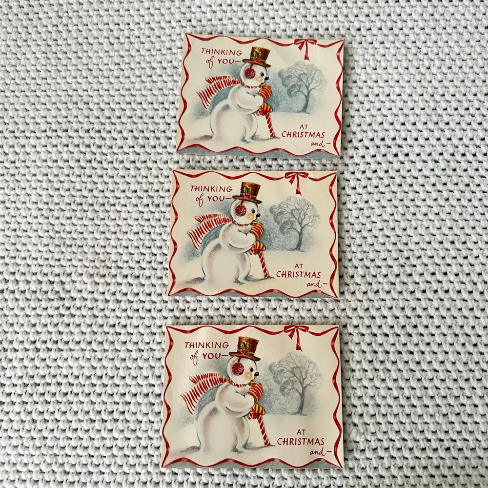 Vintage Set 3 USA Mid Century 50s 60s Christmas Snowman Paper Pop Up Cards